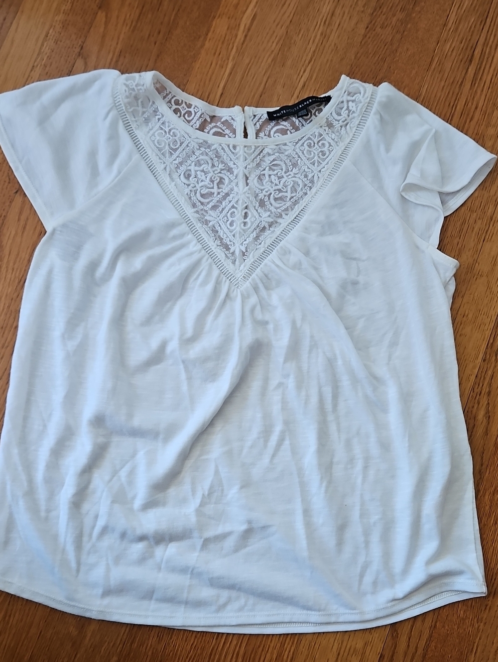 White House Black Market White Lace V-Neck Short Sleeve Top